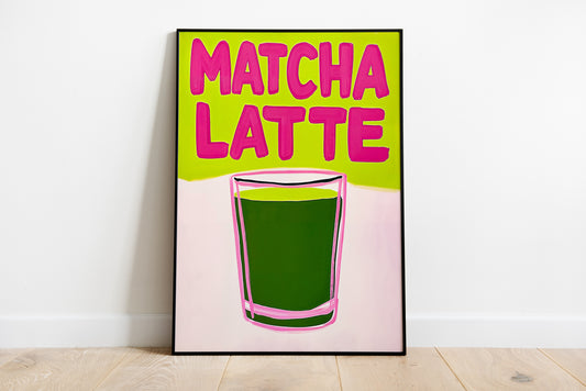 matcha latte poster with pink typography and green drink glass