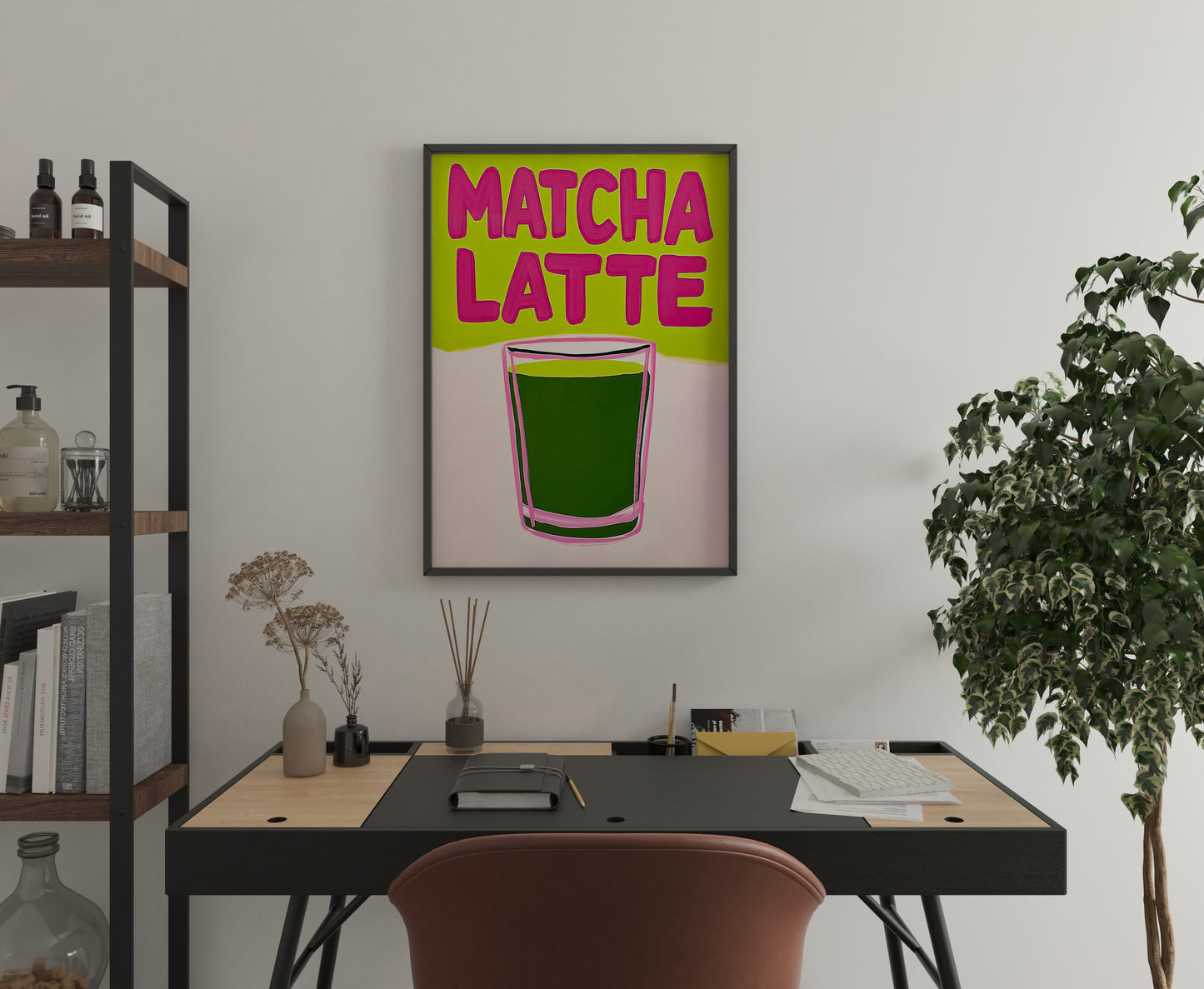 large matcha latte poster being placed on wall, bright kitchen drink print