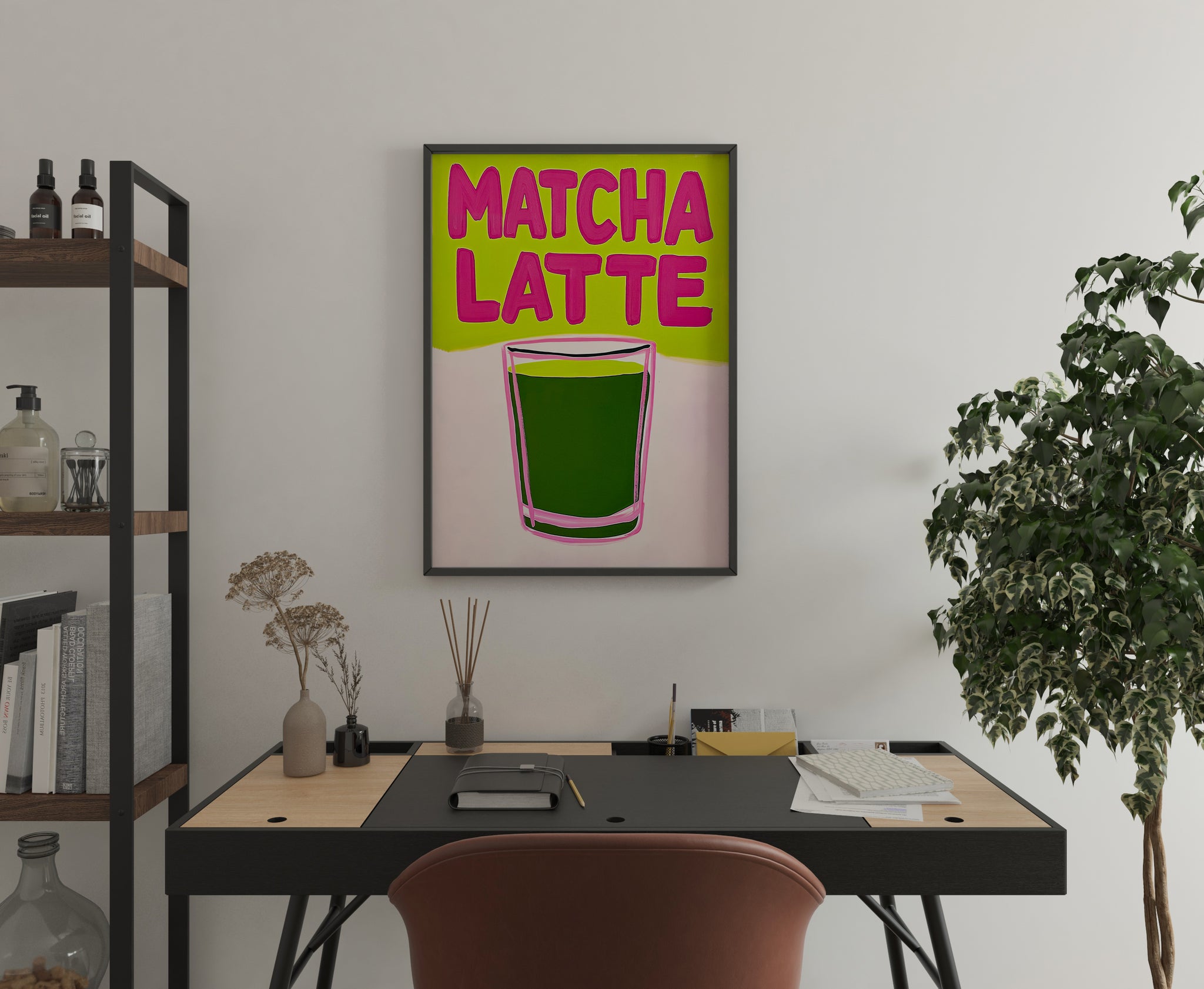 large matcha latte poster being placed on wall, bright kitchen drink print
