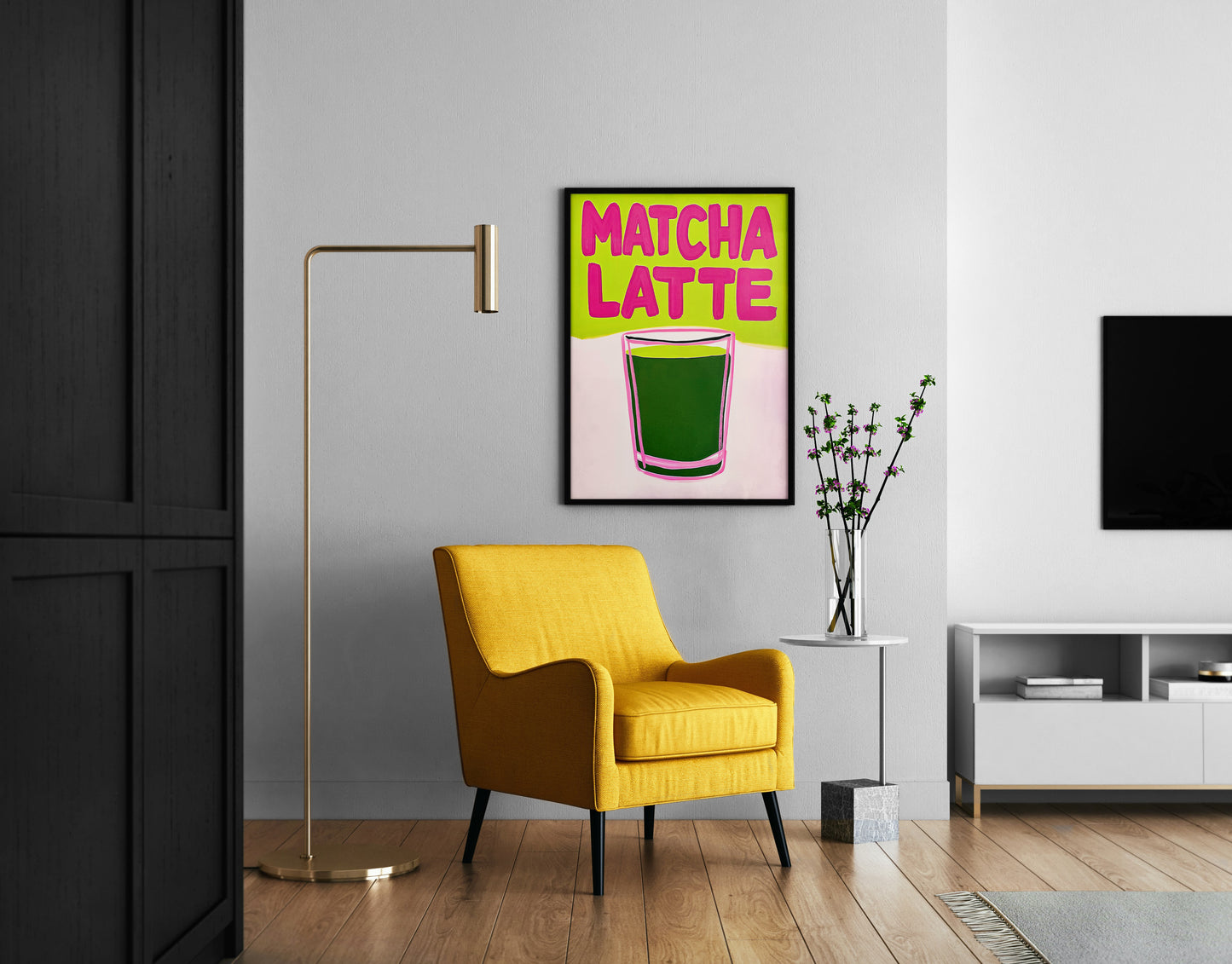 matcha latte poster in reading corner, playful green and pink drink wall art
