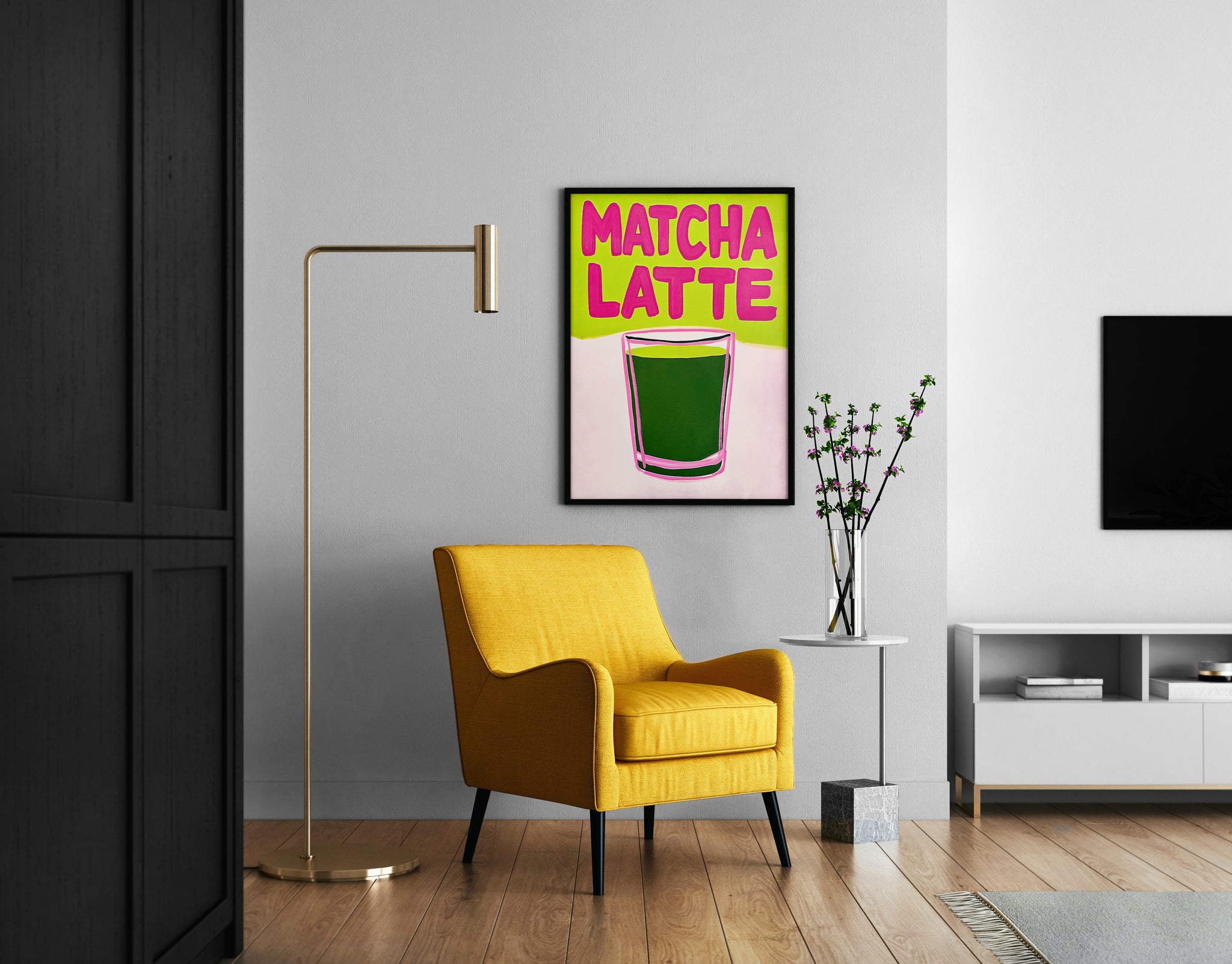 matcha latte poster in reading corner, playful green and pink drink wall art