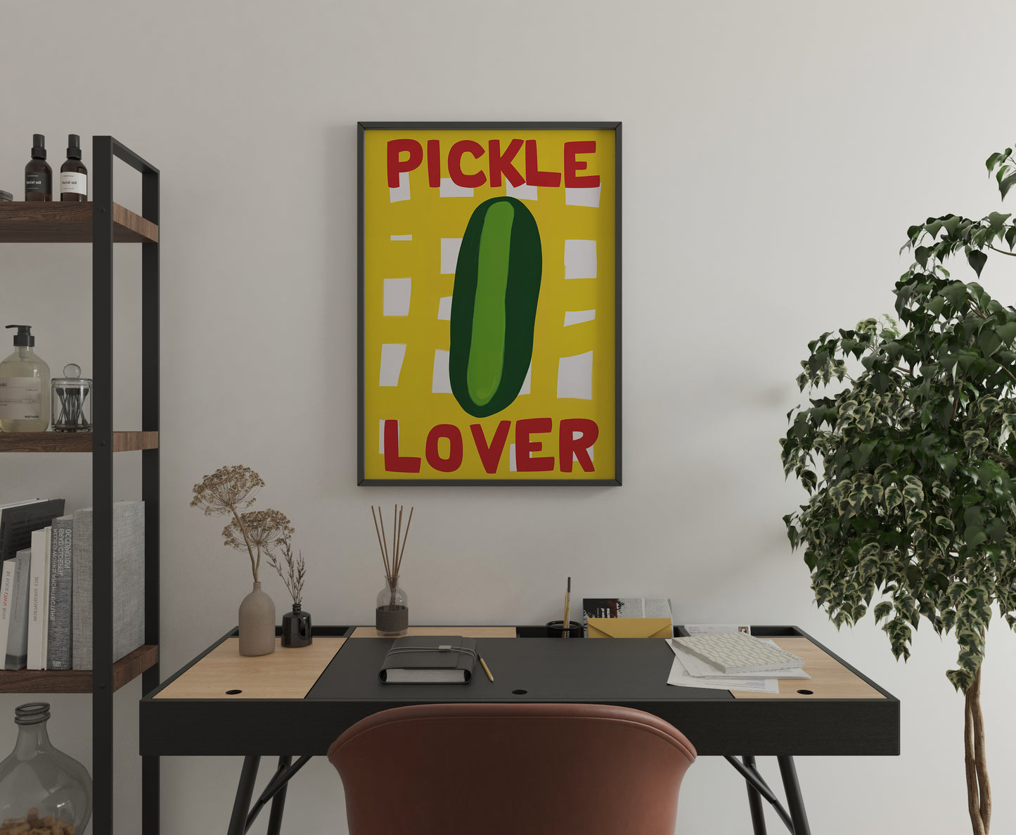 colorful pickle print in cozy corner, playful breakfast nook wall art