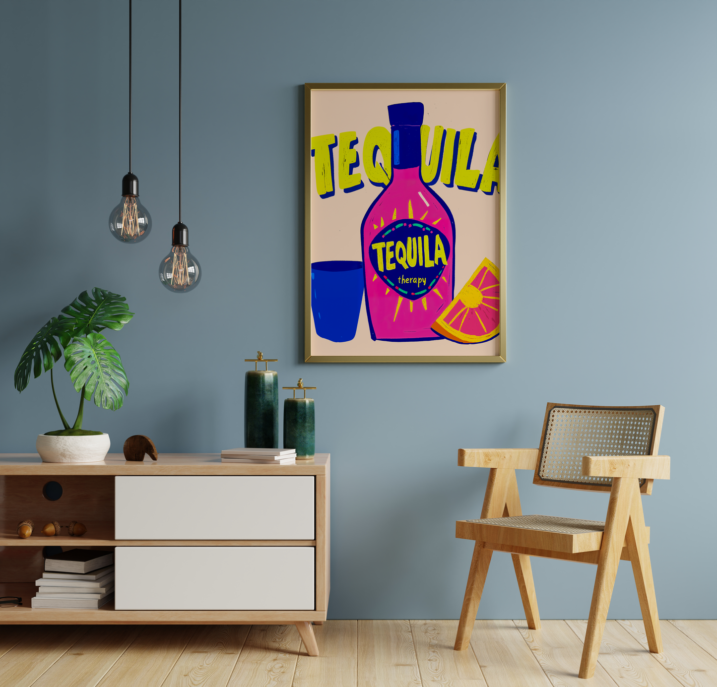 Colorful retro poster print featuring a pink tequila bottle with blue label, yellow typography, a blue glass, and a citrus slice in bold graphic style