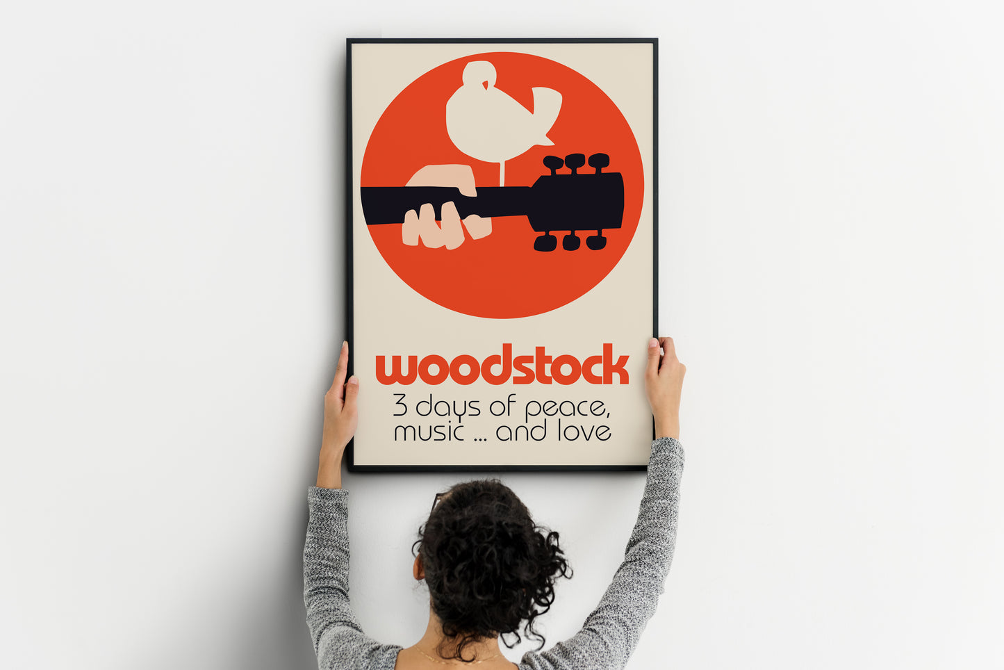 Concert poster Woodstock print with flat illustration and retro music festival look