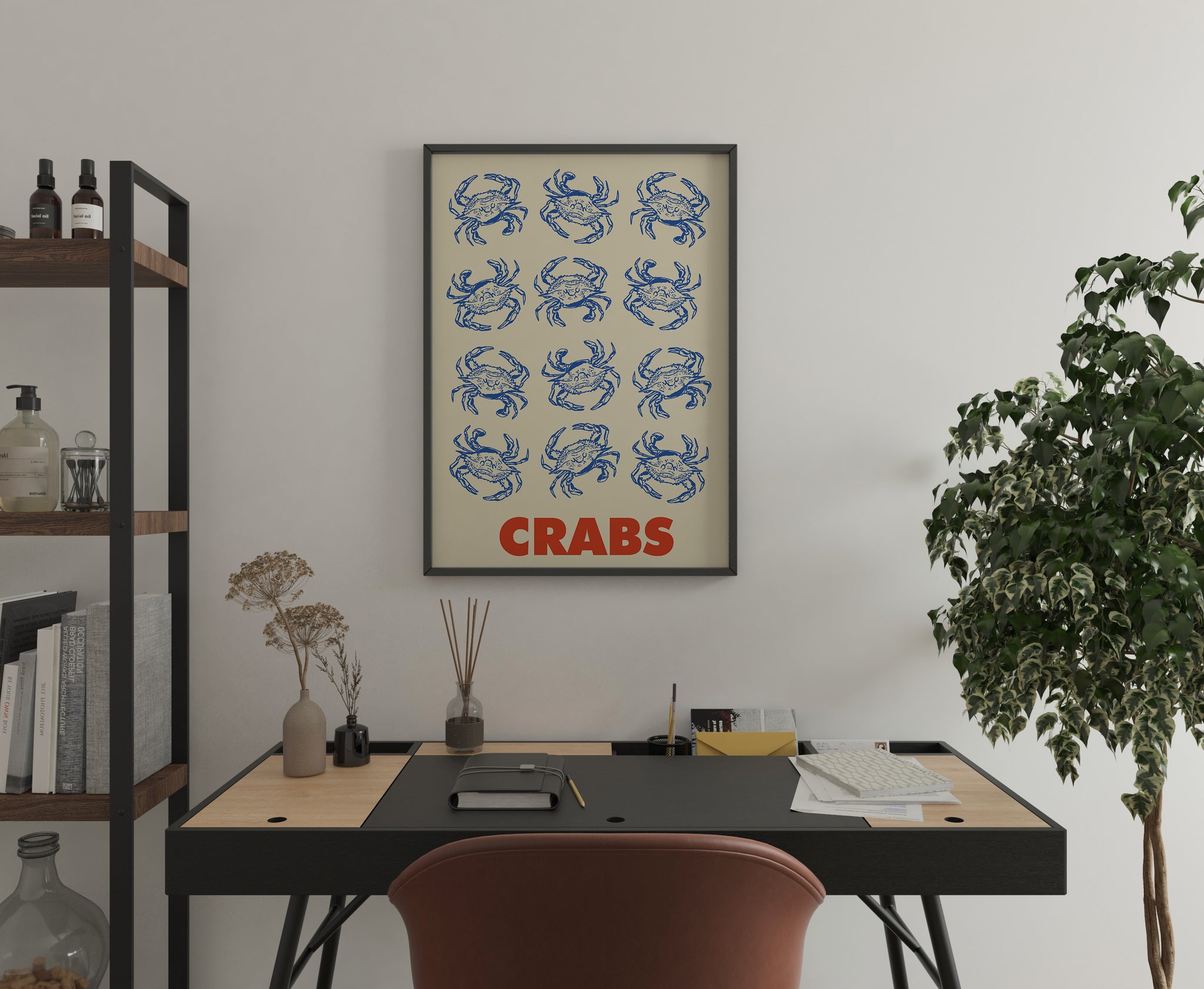 Retro kitchen wall art poster with repeated blue crab illustrations in line art style and bold red “CRABS” text on a cream background.