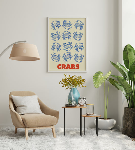 Nautical art print in vintage illustration style with repeating blue crab drawings and bold red “CRABS” typography on a soft cream background.
