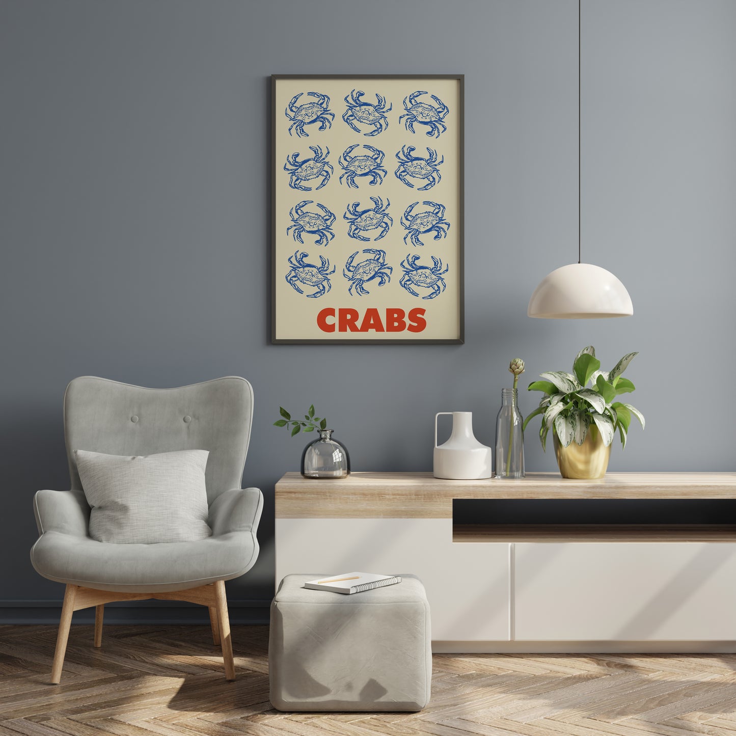 Seafood themed art print in retro graphic style featuring cobalt blue crab sketches in a pattern layout and bold red “CRABS” text on cream.