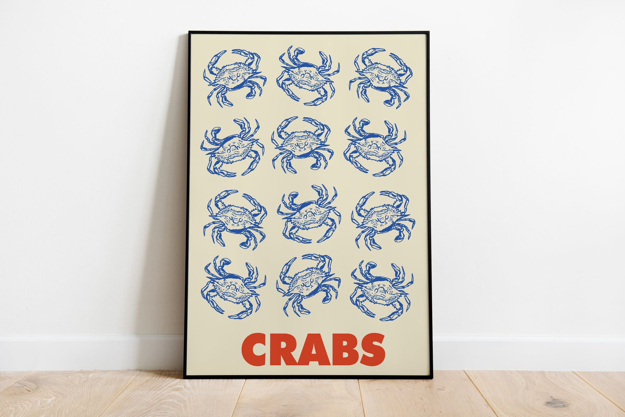 Blue crab illustration poster in vintage seafood style featuring repeated cobalt blue crab drawings and bold red “CRABS” typography on a warm cream background.