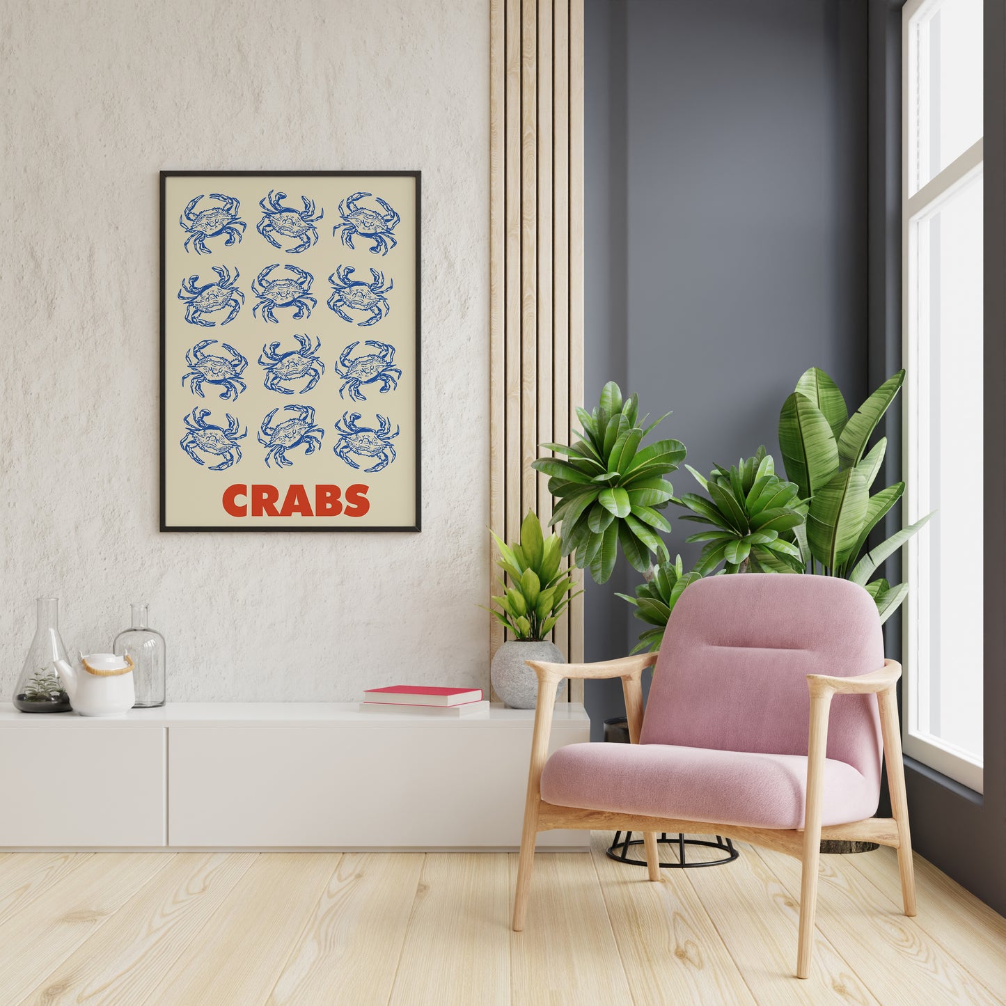 Retro seafood poster featuring twelve blue crab illustrations arranged in rows with bold red “CRABS” lettering on a cream backdrop.
