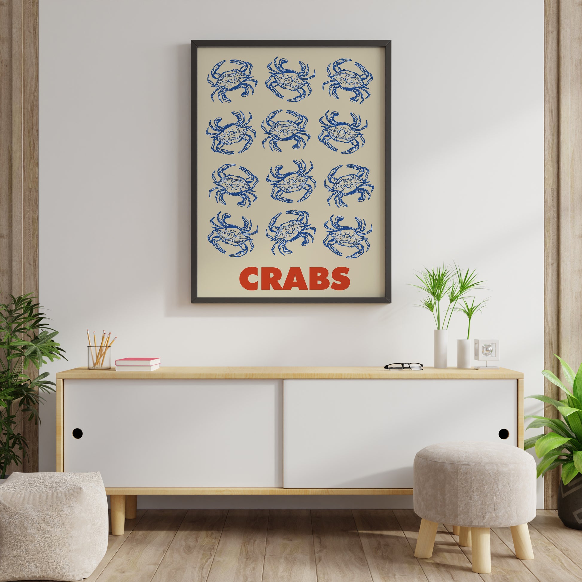Retro seafood wall art with multiple hand drawn blue crabs arranged in a grid and bold red “CRABS” lettering on a soft  beige background.