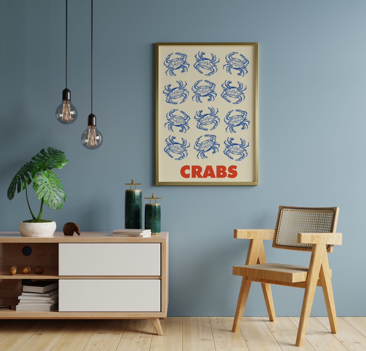 Vintage inspired crab wall art with repeated blue crab illustrations in detailed line drawing style and red “CRABS” typography on a beige background.