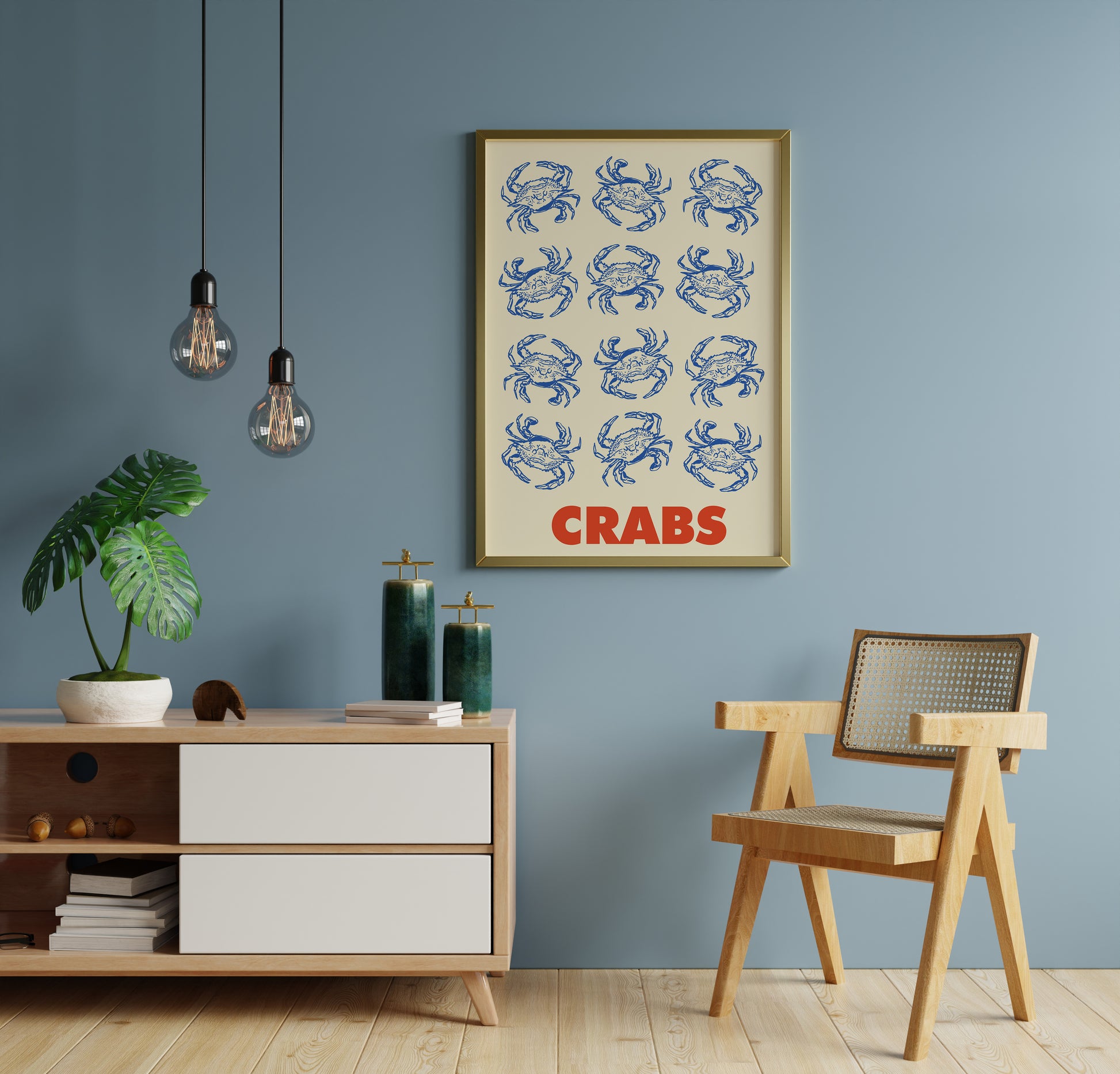 Vintage inspired crab wall art with repeated blue crab illustrations in detailed line drawing style and red “CRABS” typography on a beige background.