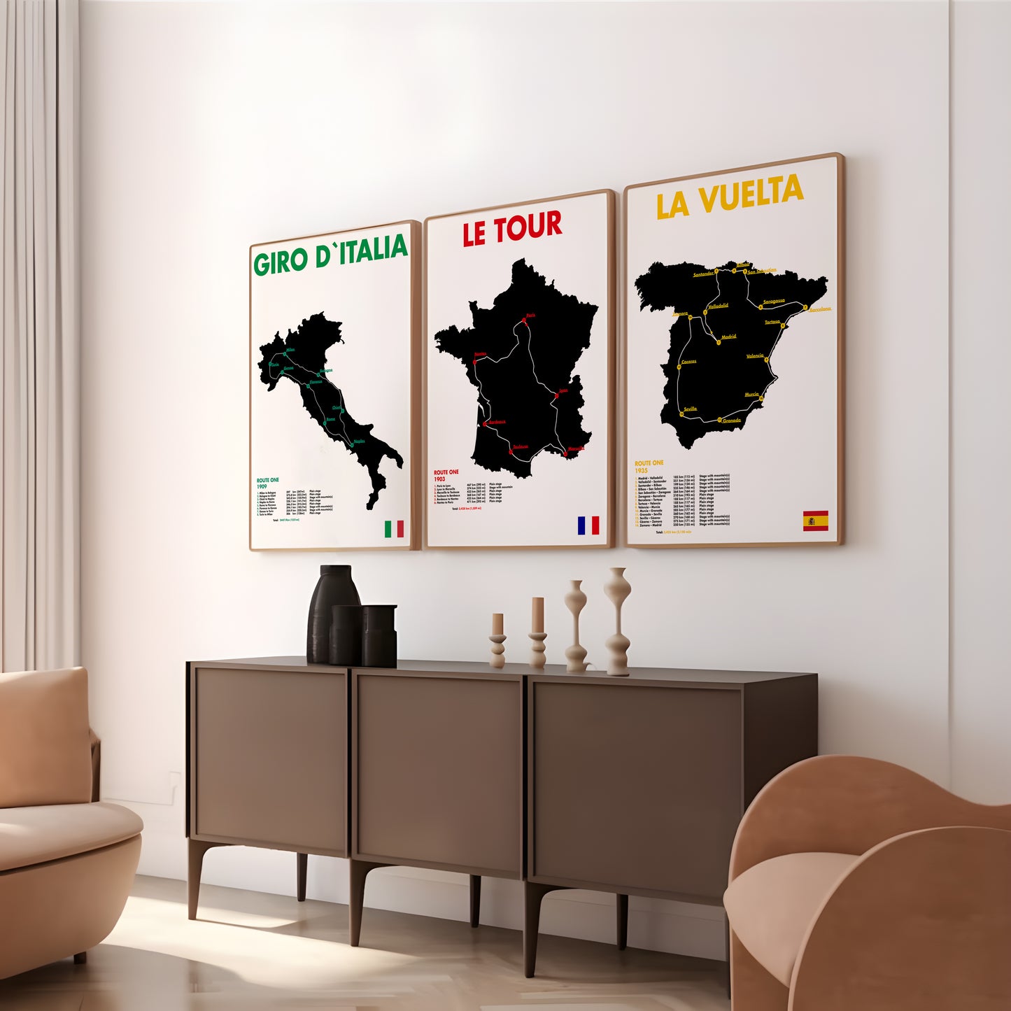Cycling grand tour poster set with bold map silhouettes and route details for sports gallery wall art