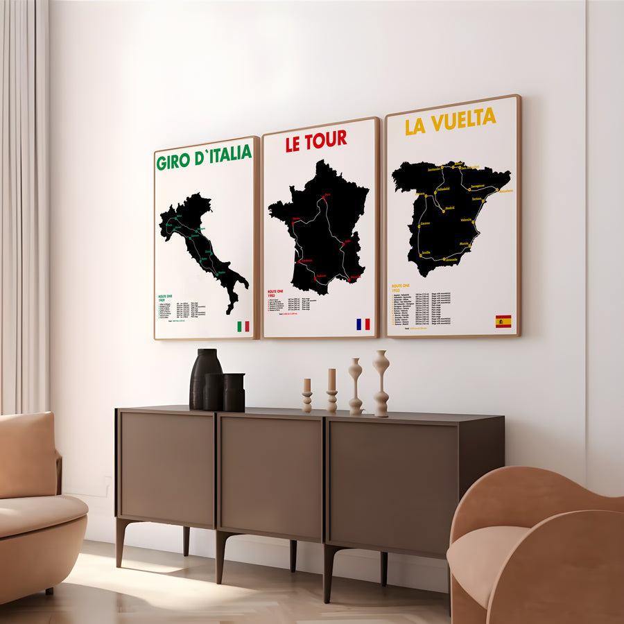 Cycling grand tour poster set with bold map silhouettes and route details for sports gallery wall art