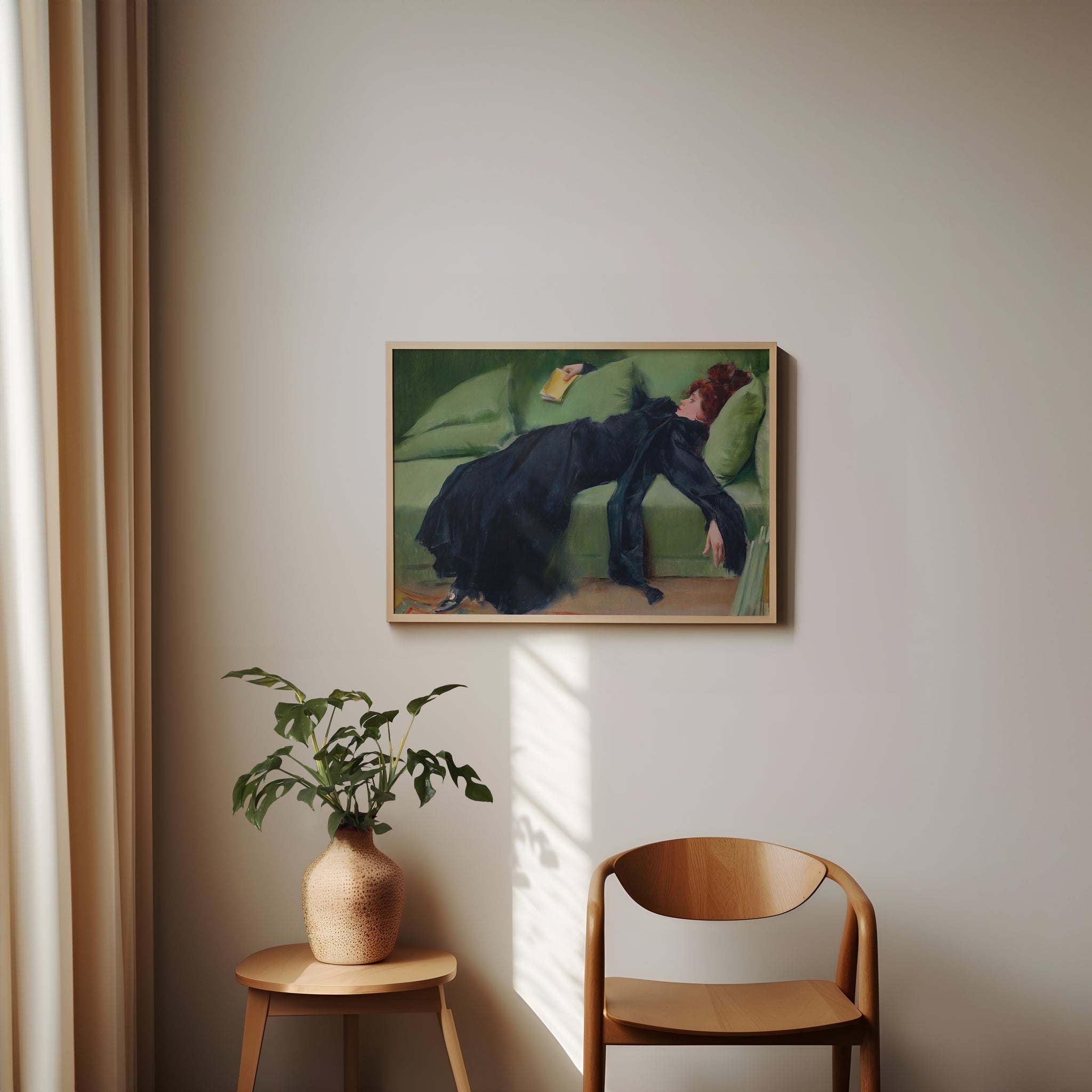 Decadent young woman painting poster featuring relaxed figure on green sofa