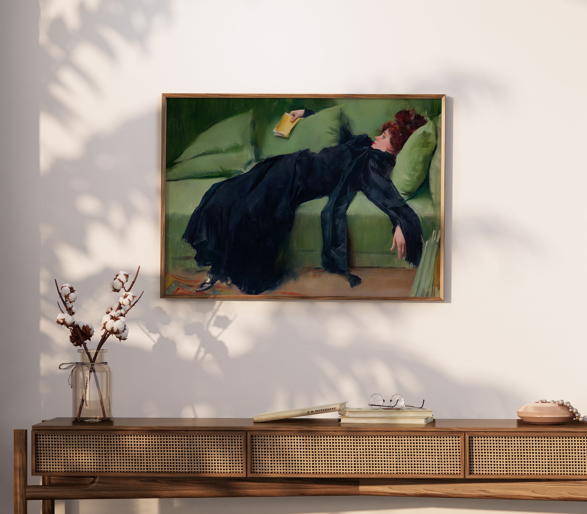 Decadent young woman painting poster capturing lounging interior scene