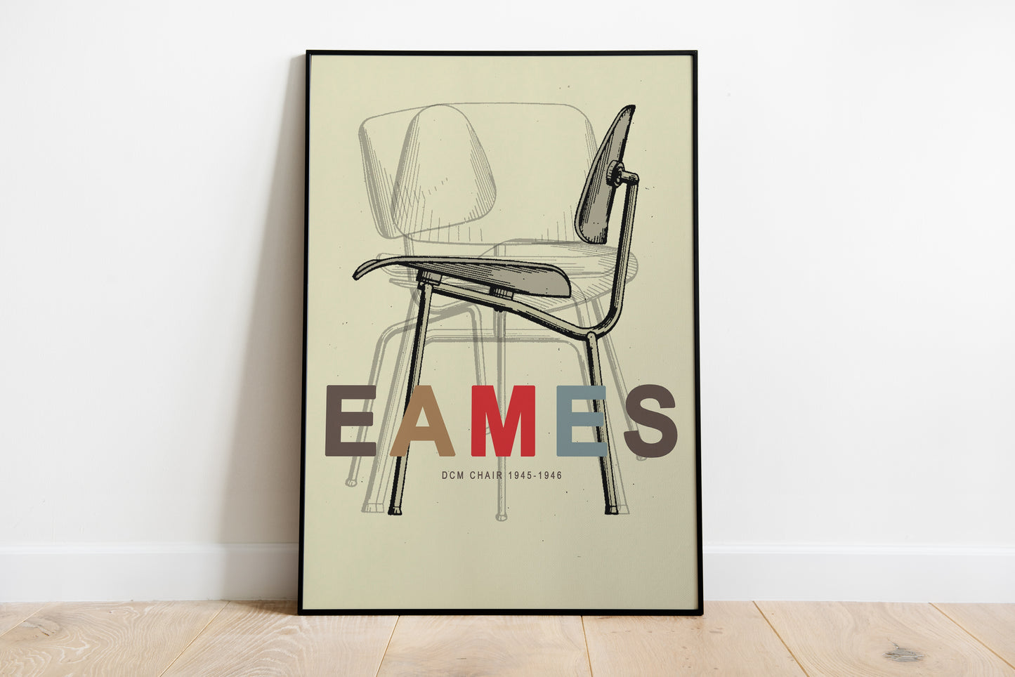 Mid century chair line drawing with layered sketch effect and bold EAMES typography
