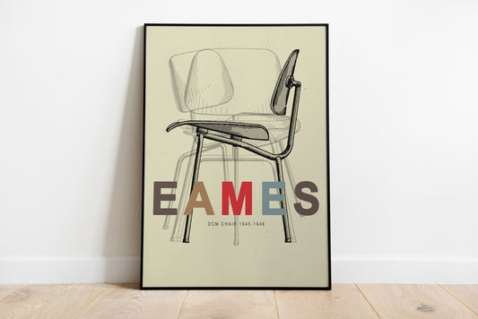 Mid century chair line drawing with layered sketch effect and bold EAMES typography