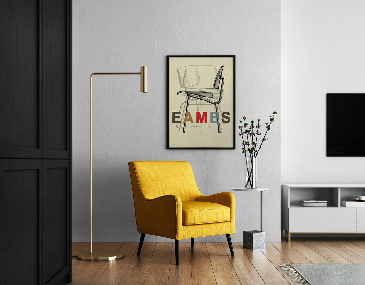 Graphic DCM chair side profile sketch with overlapping outlines and EAMES lettering