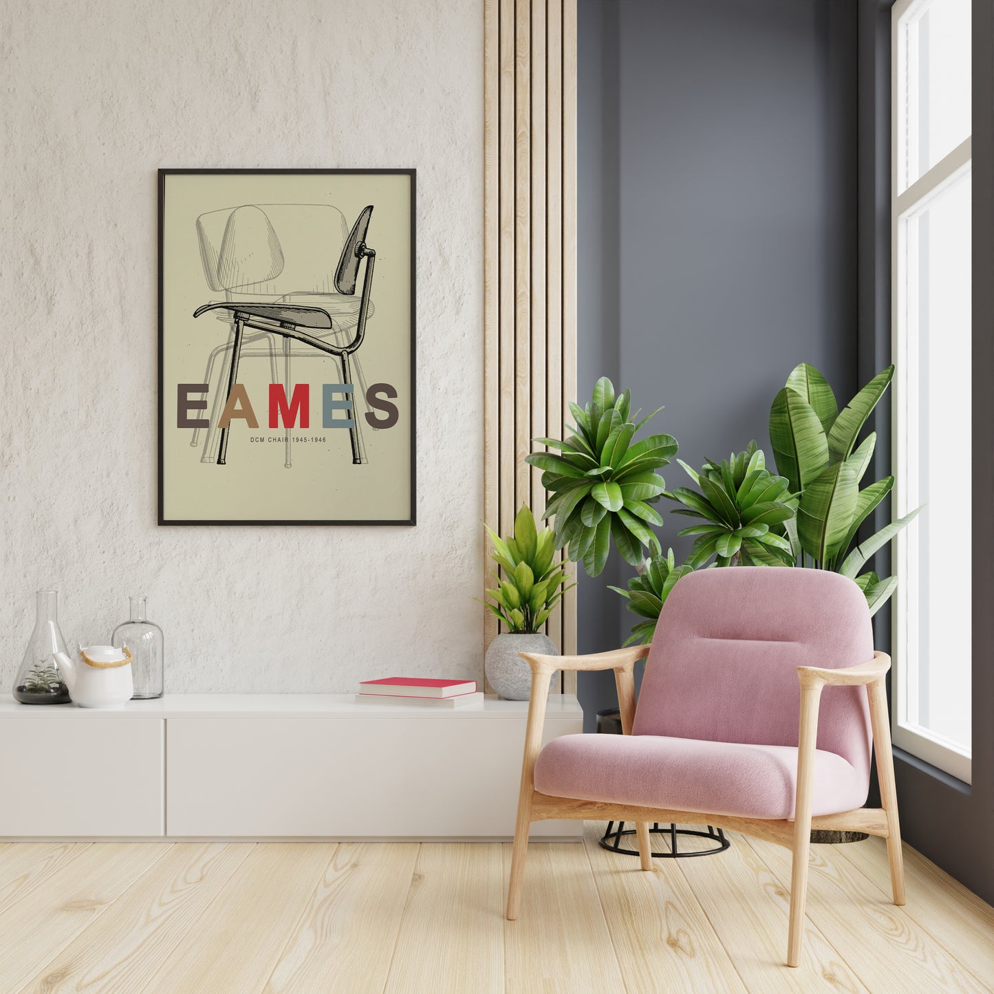 Classic plywood chair line art on cream paper background with multicolor EAMES text