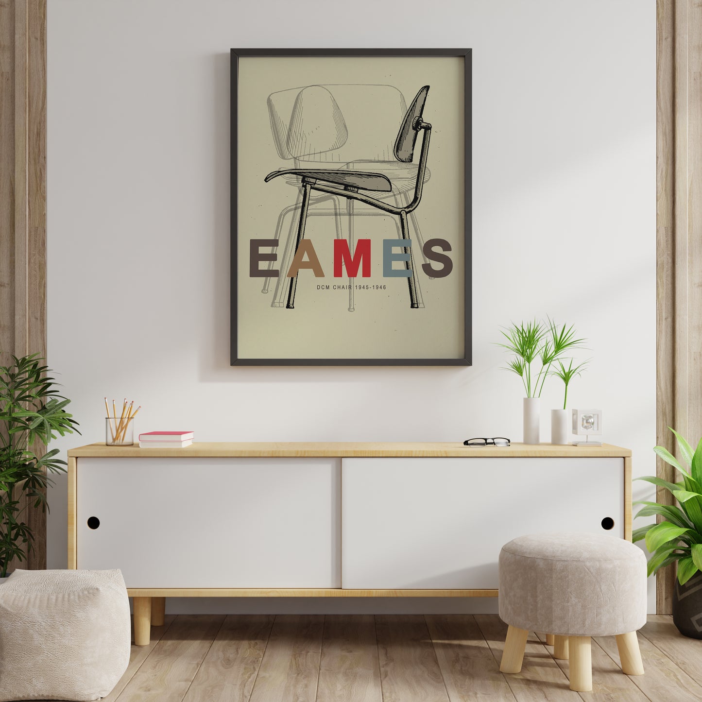 Vintage modernist chair illustration with soft beige background and large EAMES text