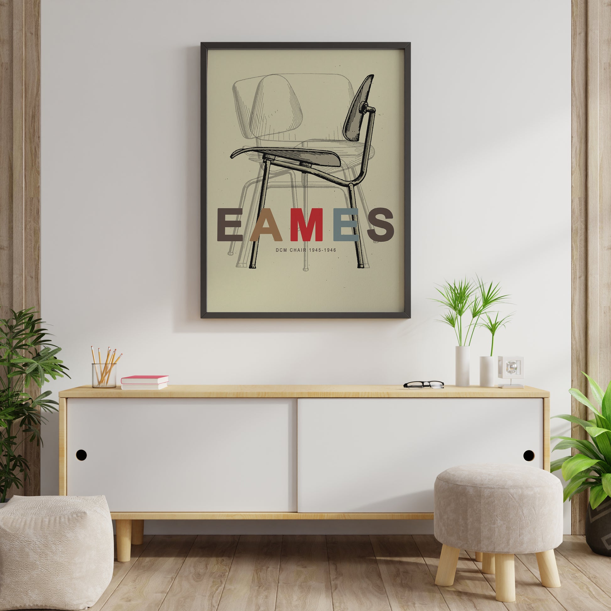 Vintage modernist chair illustration with soft beige background and large EAMES text