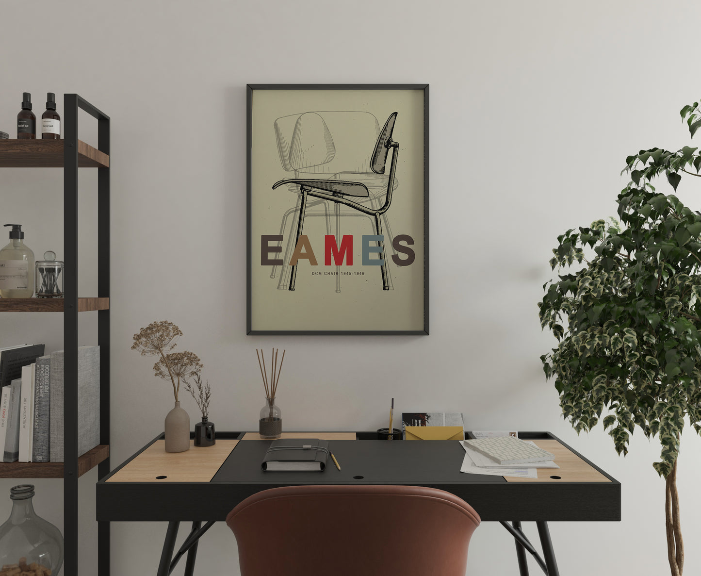 Iconic mid century chair illustration with layered silhouettes and centered EAMES wordmark
