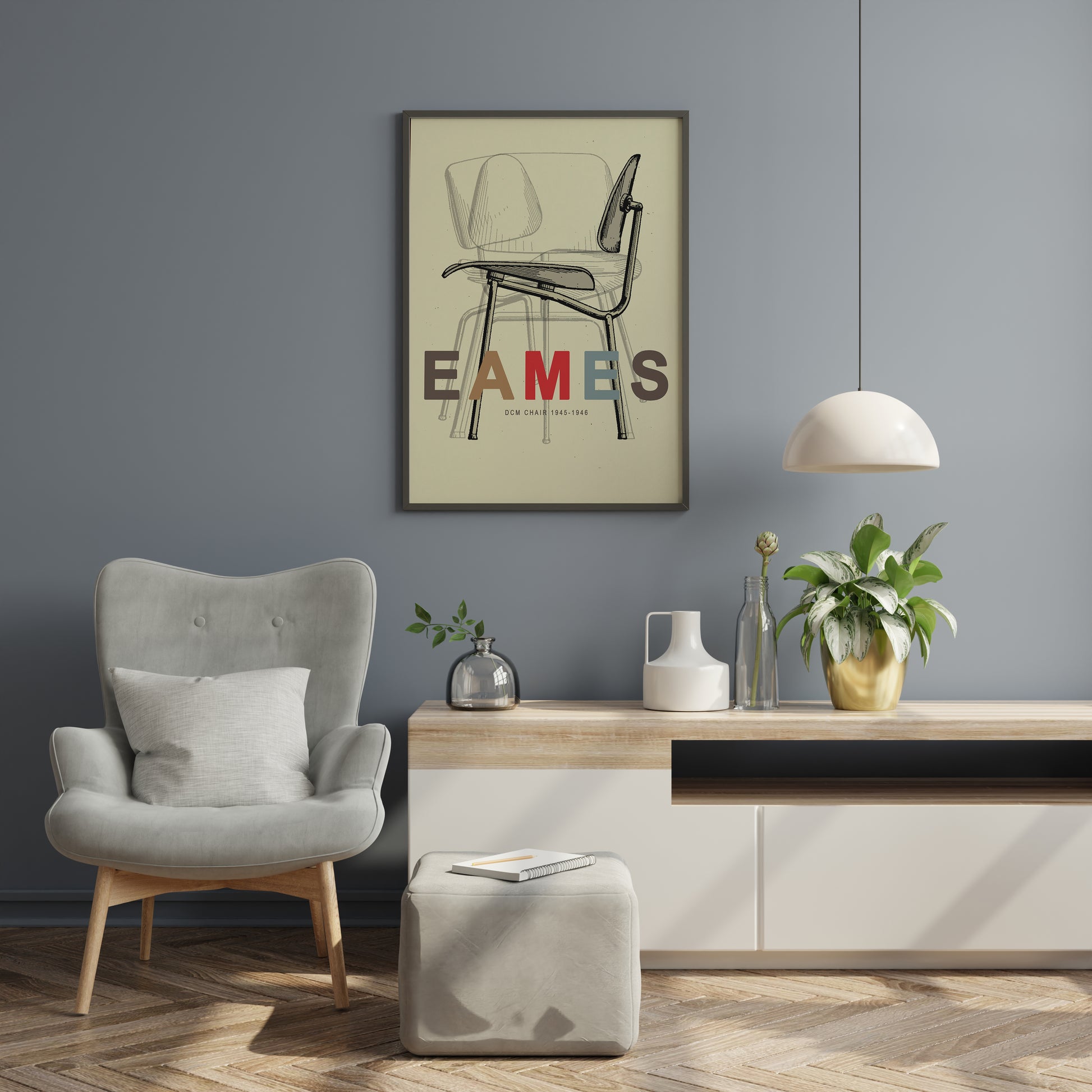 Minimal mid century chair drawing in black lines with centered EAMES typography