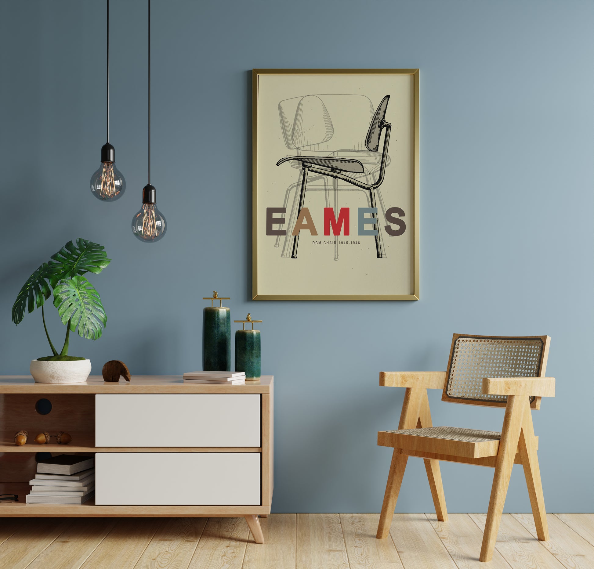 Modernist chair blueprint style illustration with subtle textures and bold EAMES title