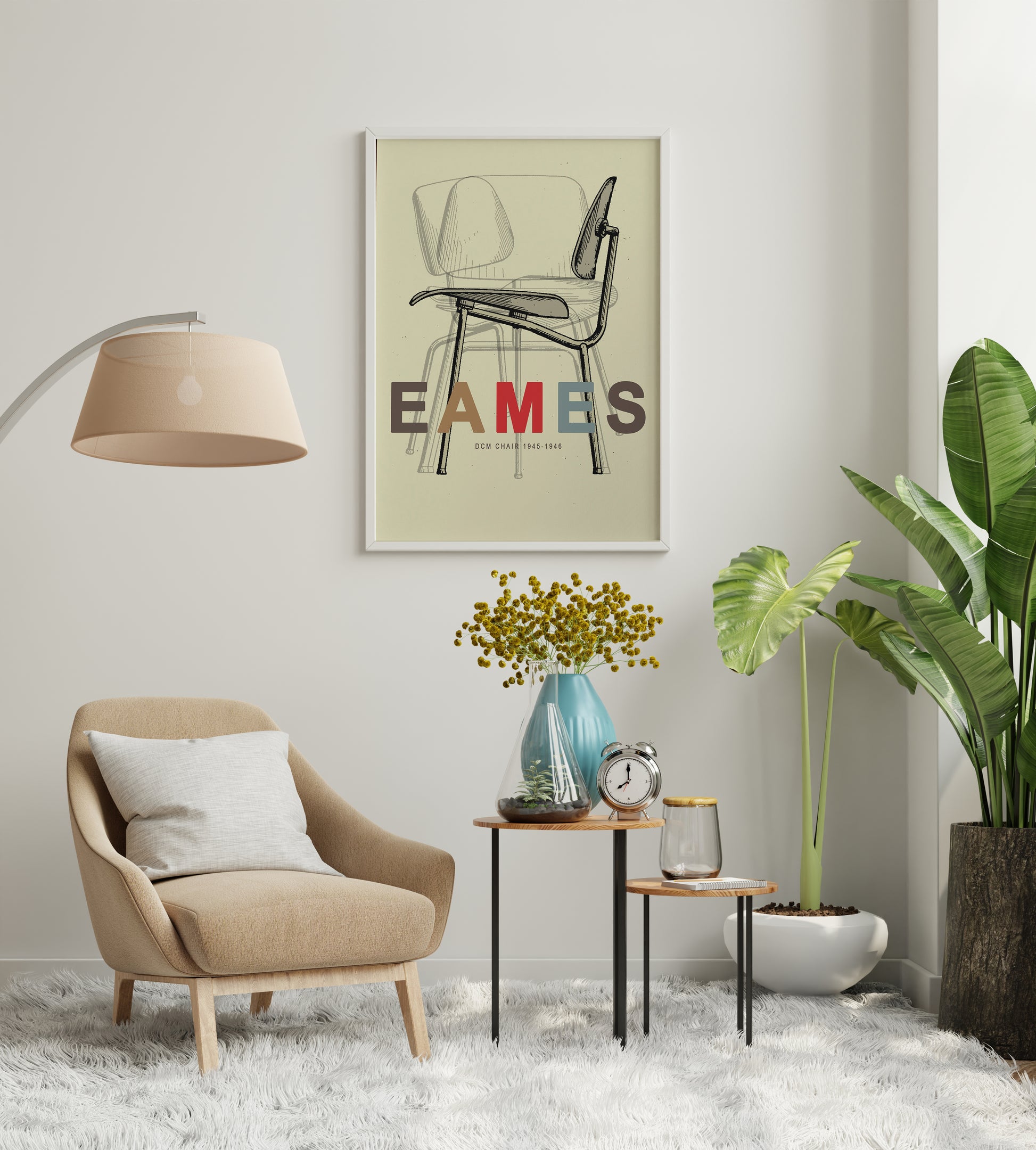 Retro furniture sketch featuring slim metal legs and large block EAMES lettering
