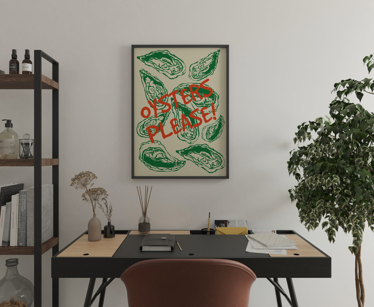 Graphic art print with green oyster illustrations and textured red typography on a cream background, displayed in a black frame.