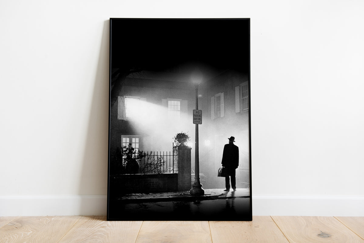 Exorcist movie poster black and white noir street scene
