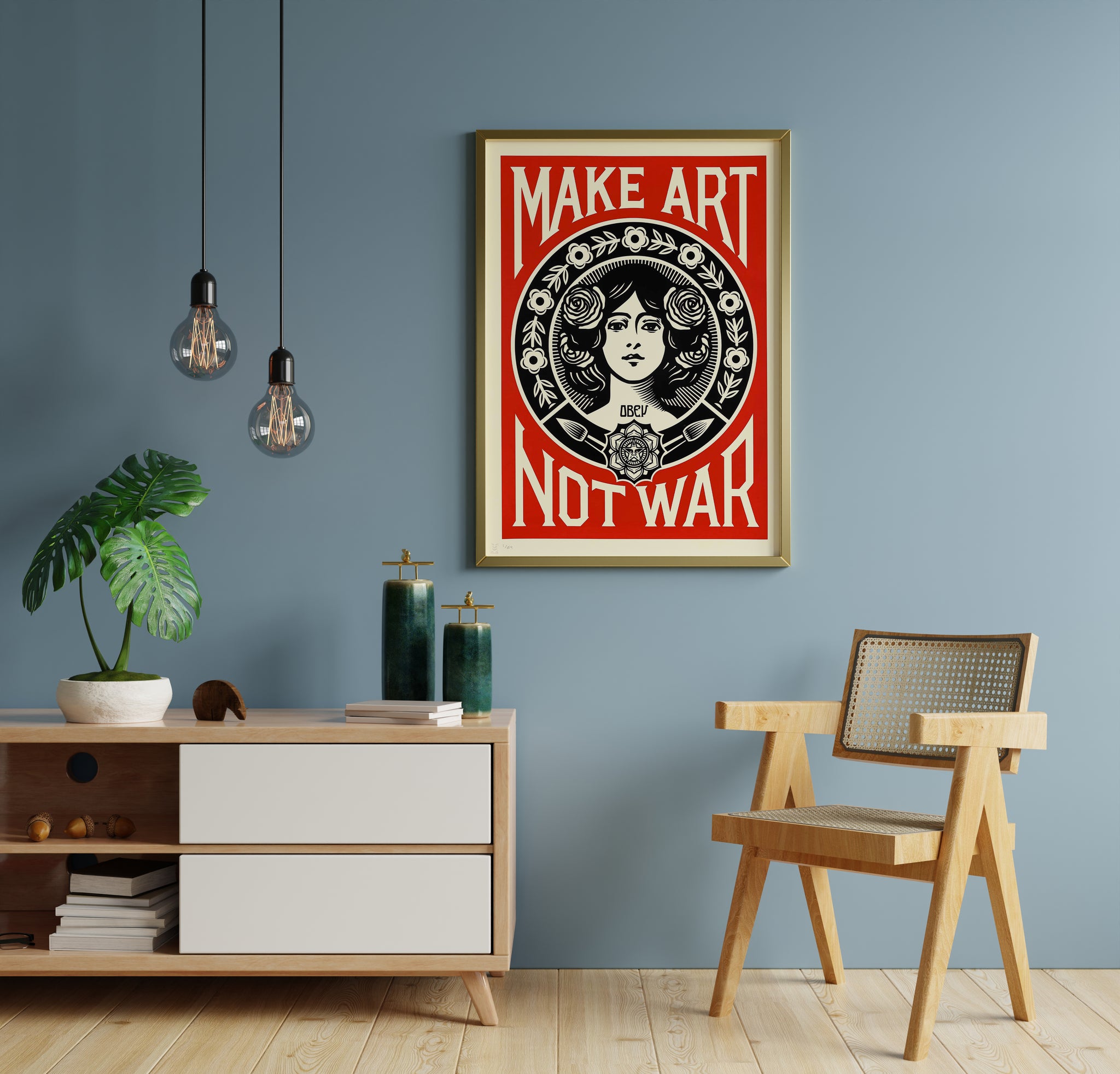 Floral woman protest poster with OBEY text, paintbrushes and bold red graphics displayed on a blue wall.