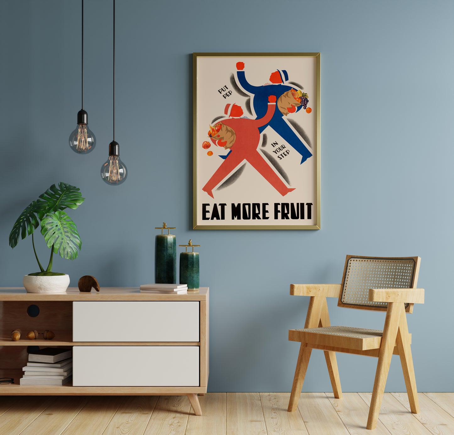 Fruit wall art above console table in a calm dining space
