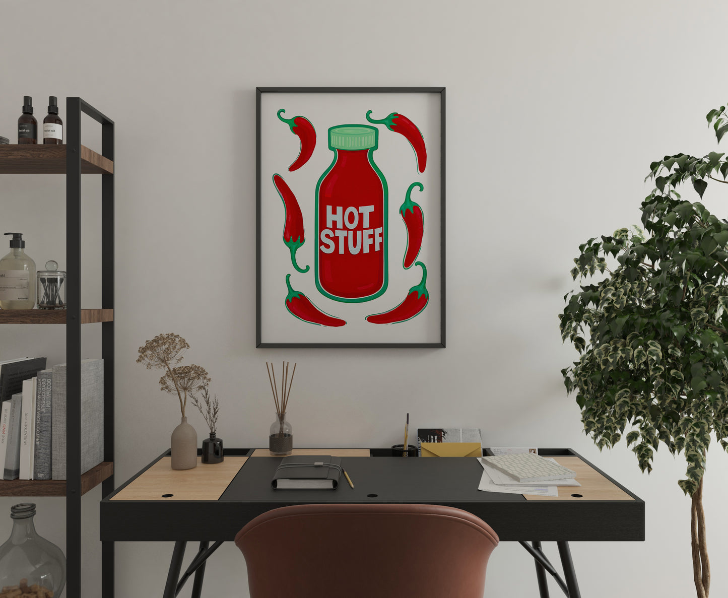 chili pepper kitchen print with red sauce bottle, bright retro food illustration