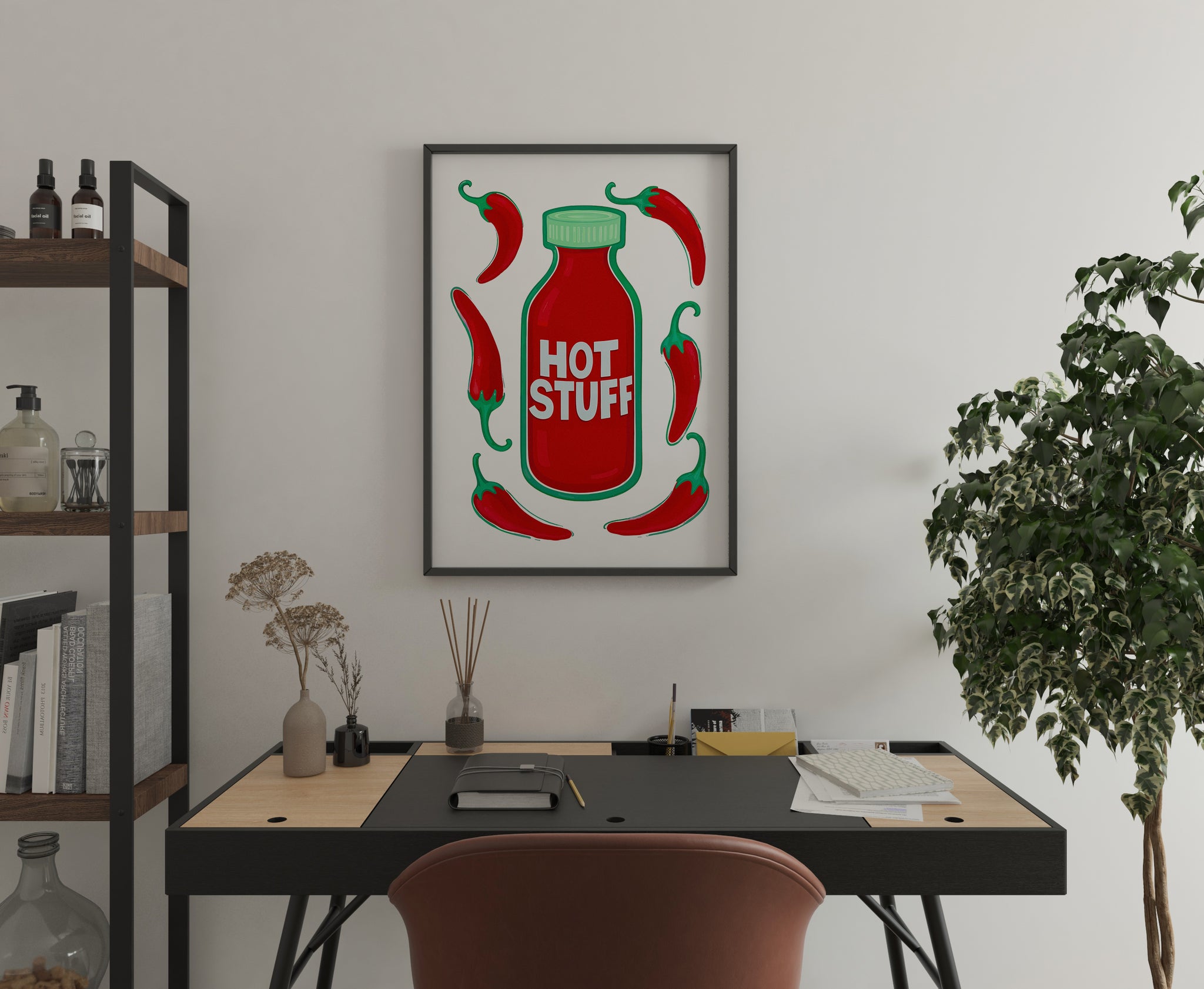 chili pepper kitchen print with red sauce bottle, bright retro food illustration