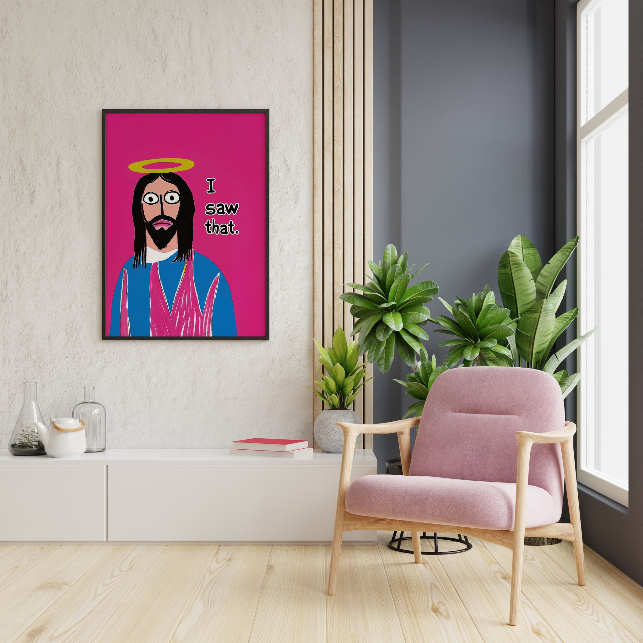 Funny Jesus print for a bright reading corner wall