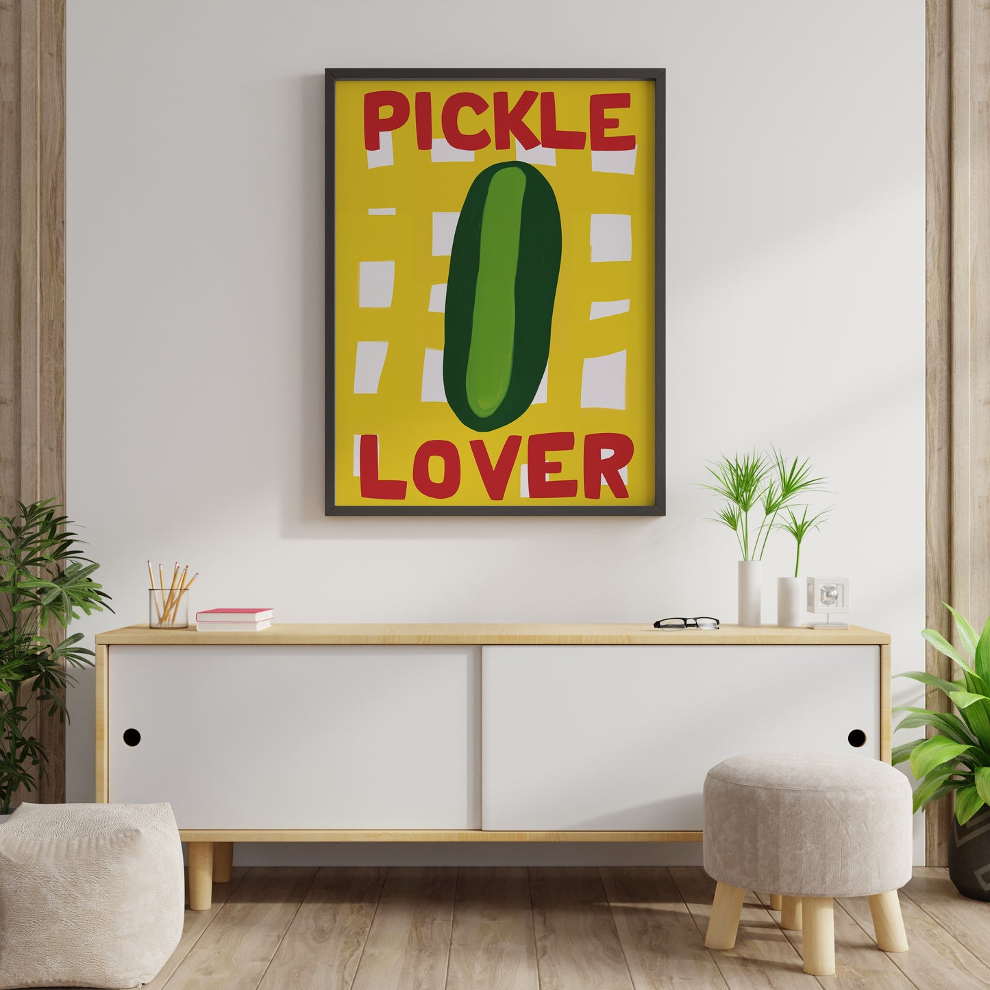 green pickle poster with yellow background and playful food illustration