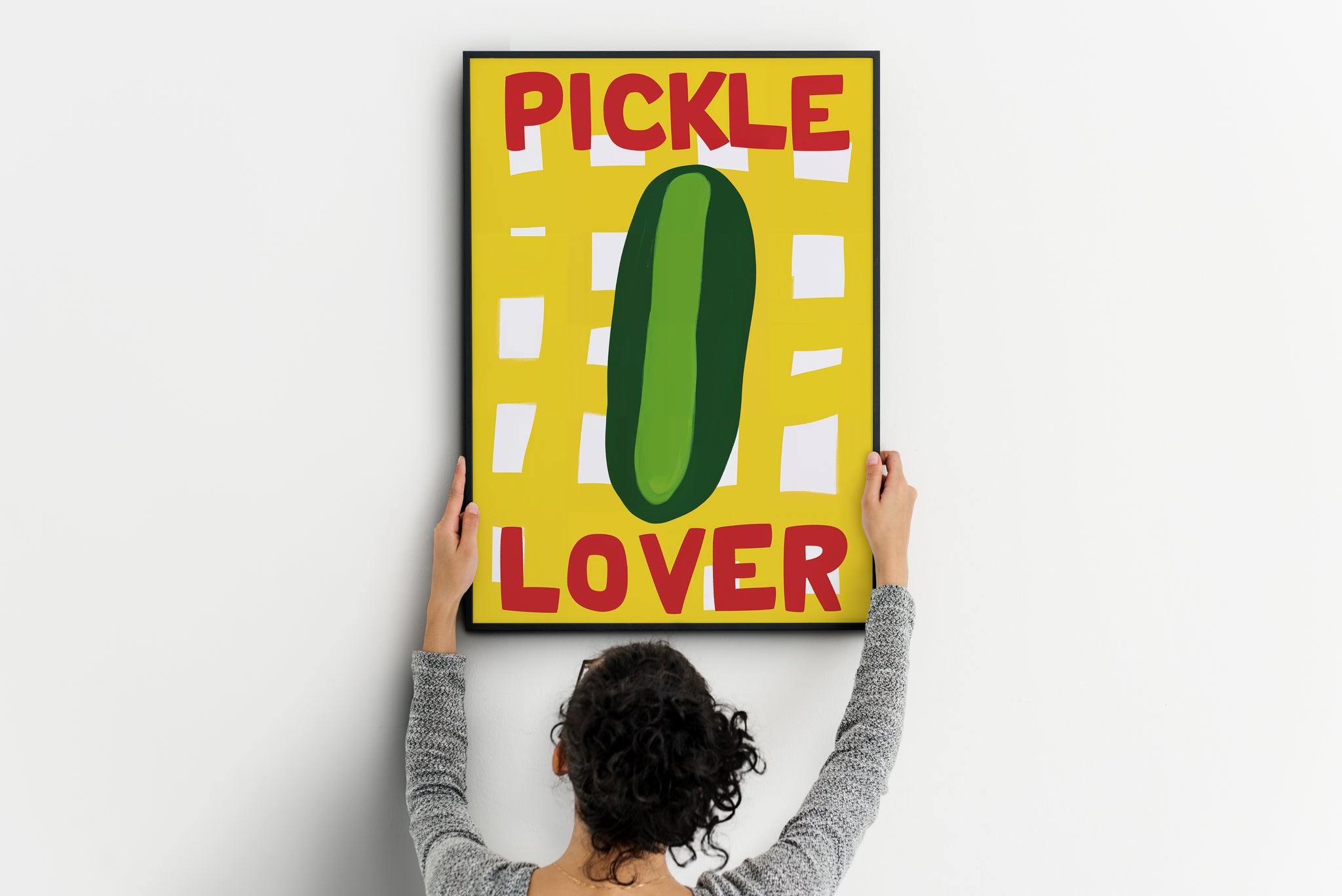 funny pickle poster above desk, quirky food wall art with bold yellow background