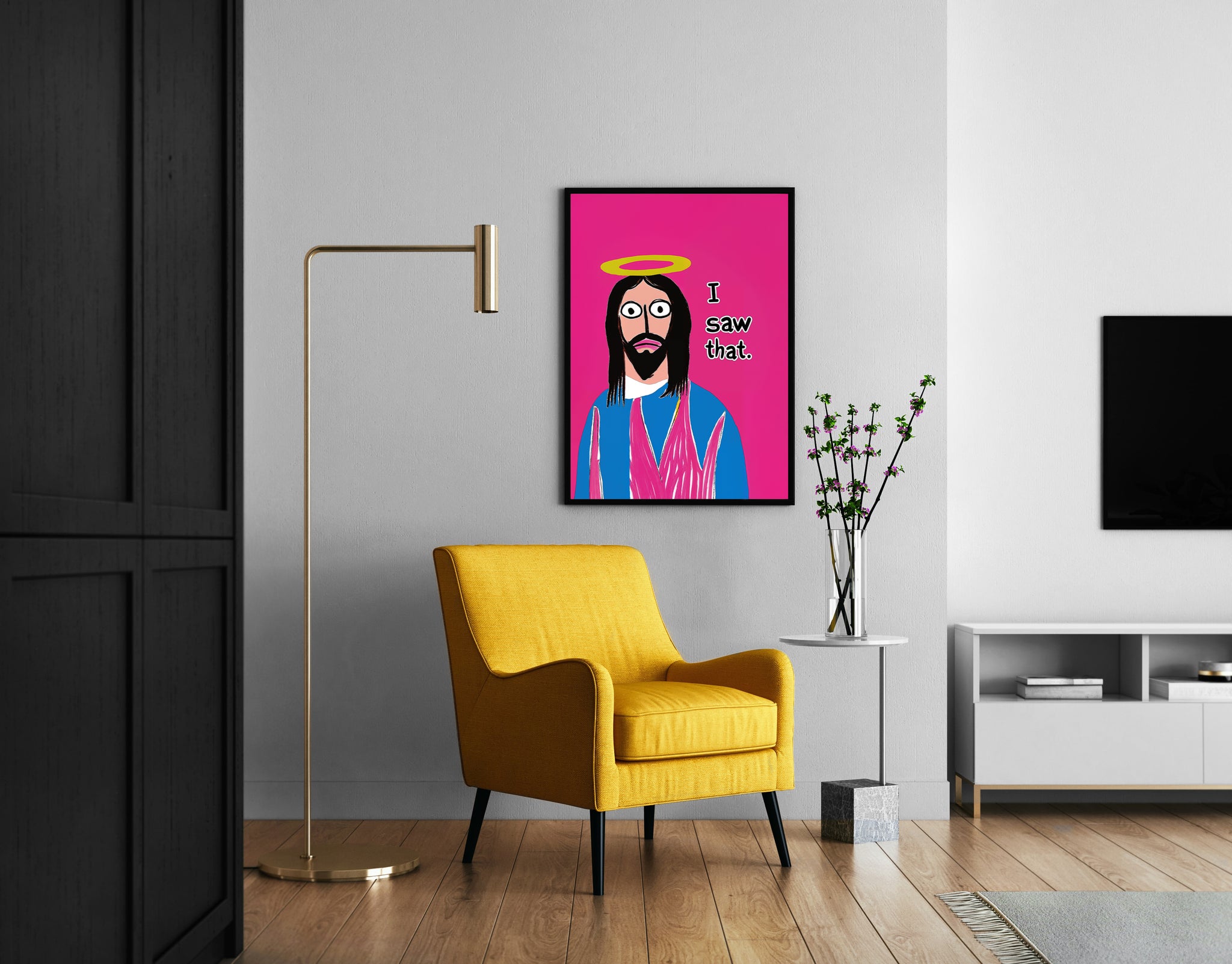 Funny wall art above sideboard for a playful interior accent