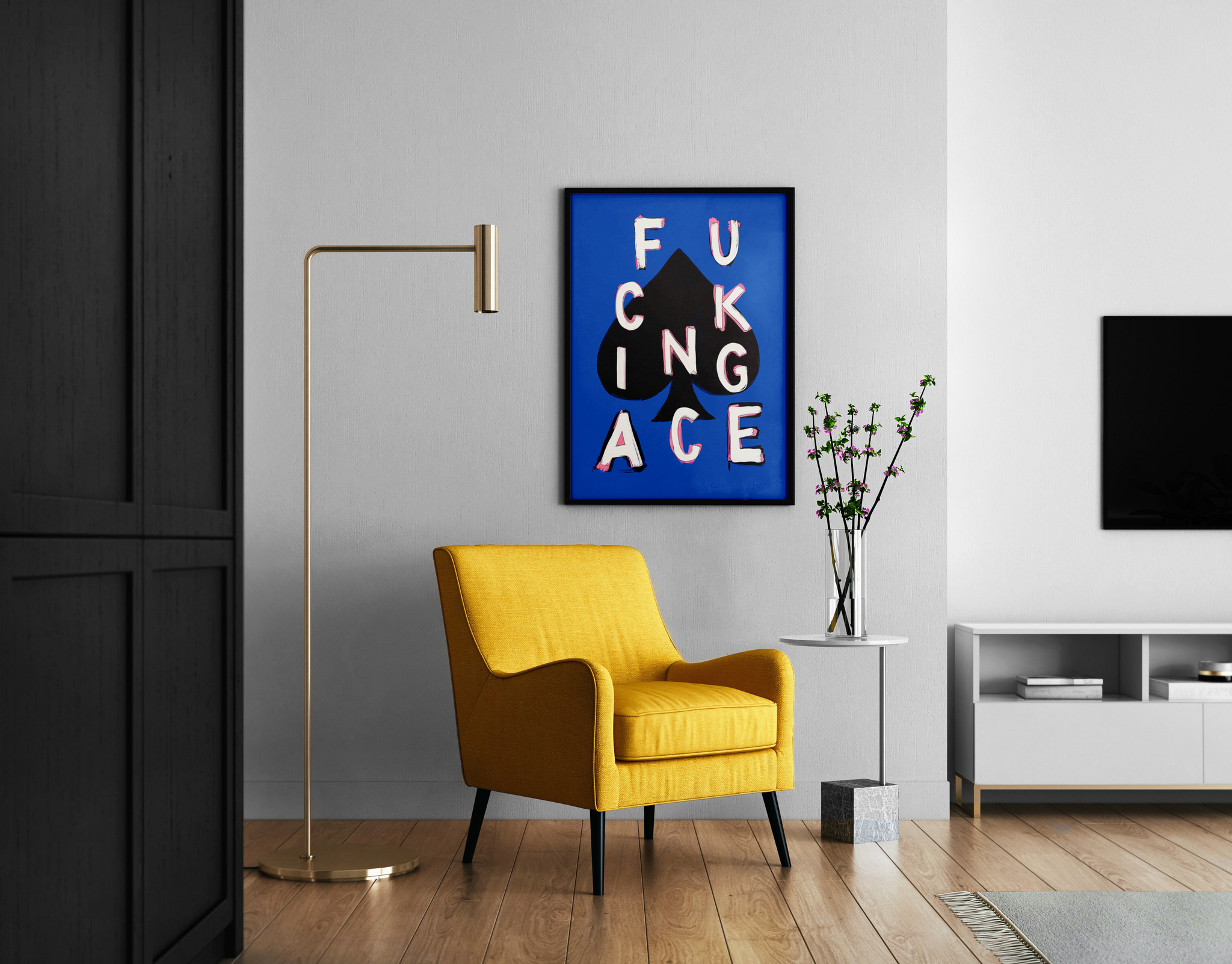 Game room wall decor with blue poker ace print