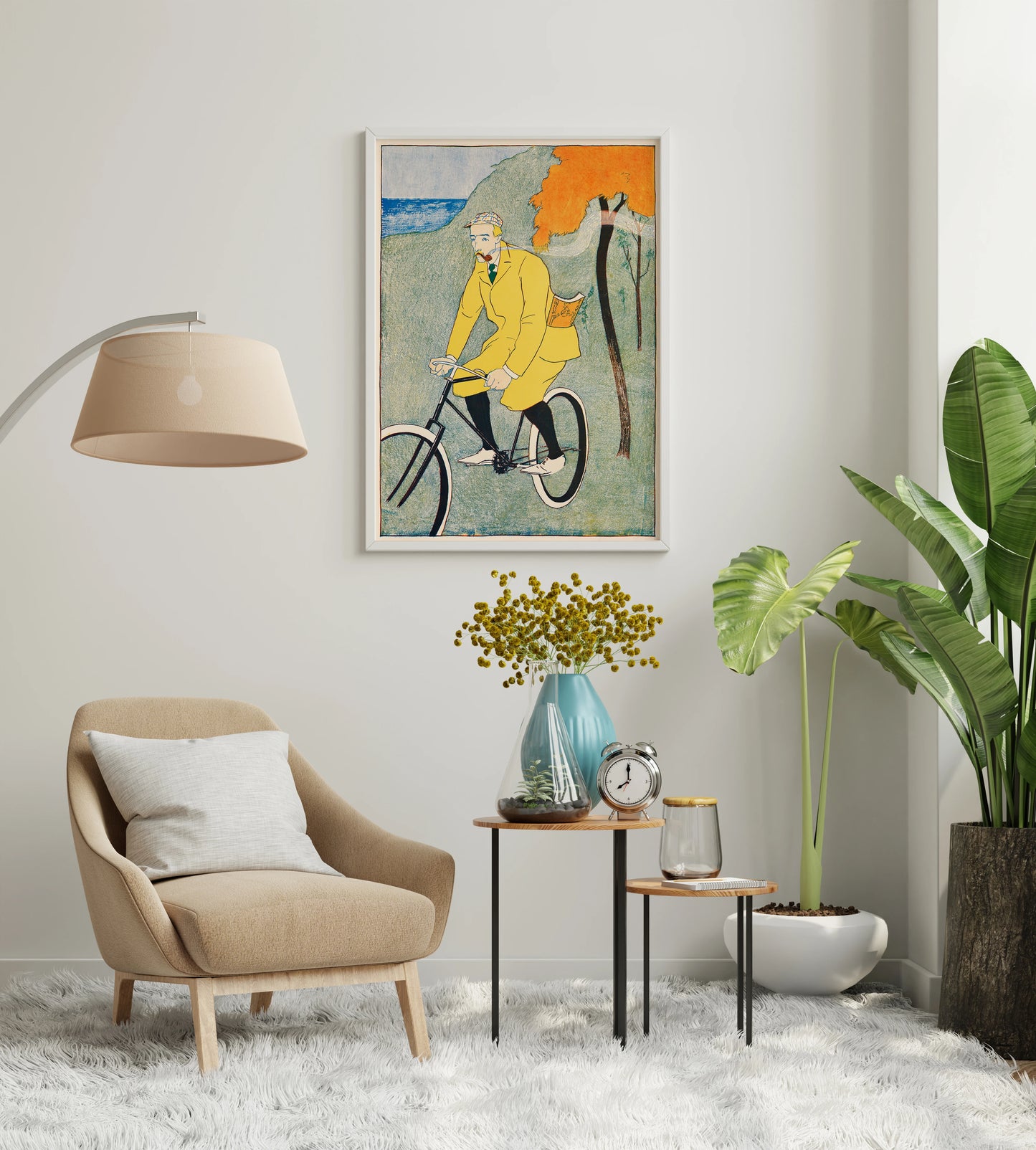 Gentleman bicycle rider print with retro landscape artwork for studio wall art
