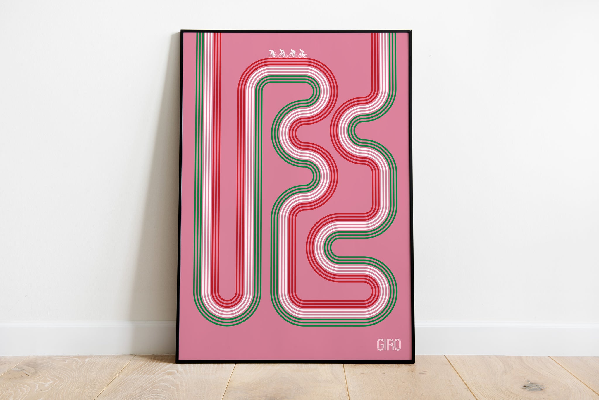 Giro poster with pink abstract cycling route line artwork for sports room wall art