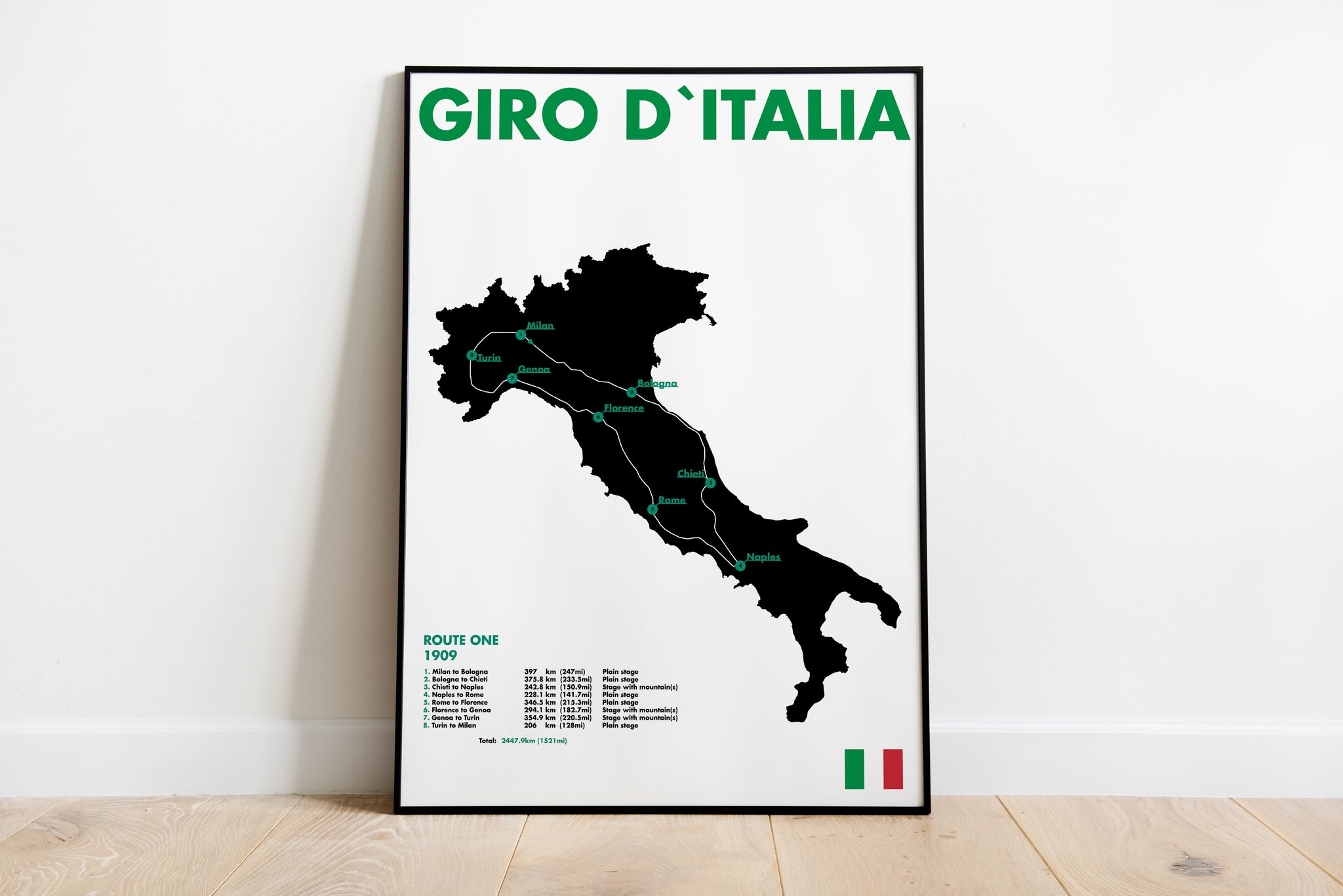 Giro d’Italia 1909 poster with Italy route map and green typography for home office wall art