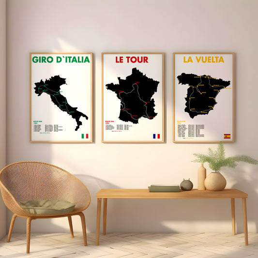 Giro d’Italia, Le Tour and La Vuelta cycling print set with map route artwork for living room wall art