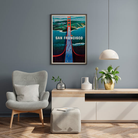 San Francisco travel print with a red bridge, bay and coastal landscape displayed in a living room