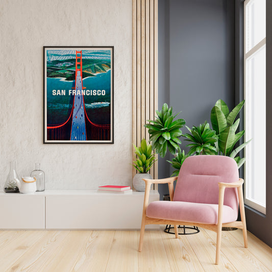 San Francisco wall art showing the Golden Gate Bridge, blue bay and green California coastline