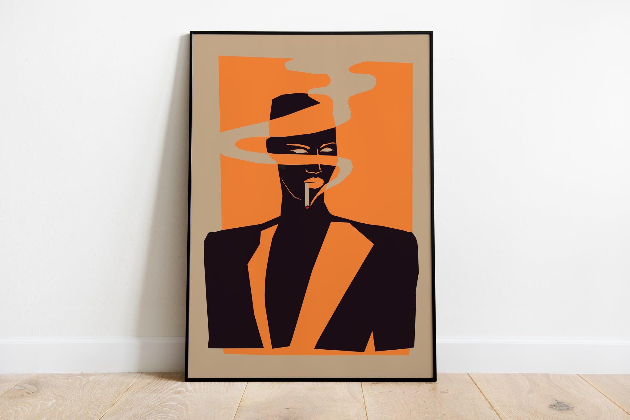 Grace Jones poster with orange portrait, hat, cigarette and smoke for music room wall art