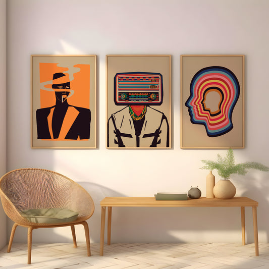 Grace Jones, Radiohead and Tame Impala poster set for a living room gallery wall