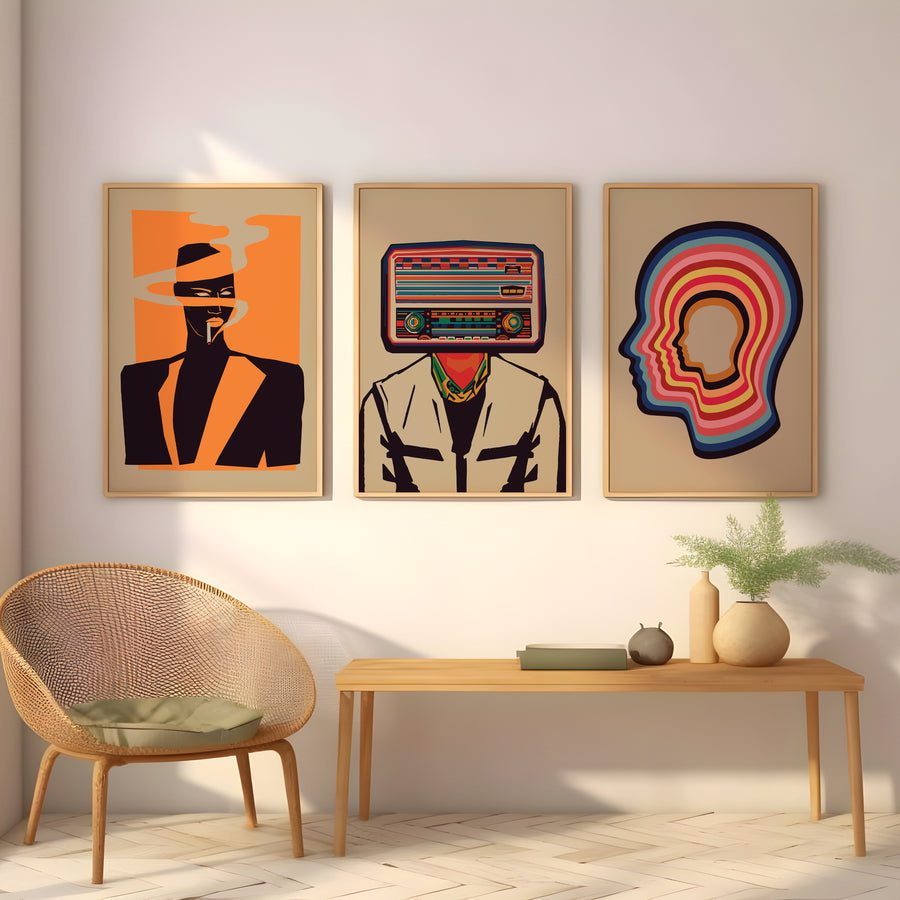 Grace Jones, Radiohead and Tame Impala poster set for a living room gallery wall
